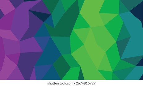Abstractas fondo geométrico de baja poli con una vibrante transición de degradado de tonos púrpura a verdes.