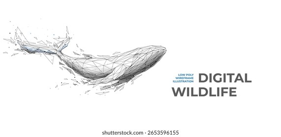 Abstract Geometric Low Poly Wireframe Blue Whale in Motion. Technology polygonal modern style of vector wildlife illustration. Perfect use for poster design, print, website, banner and presentation. 