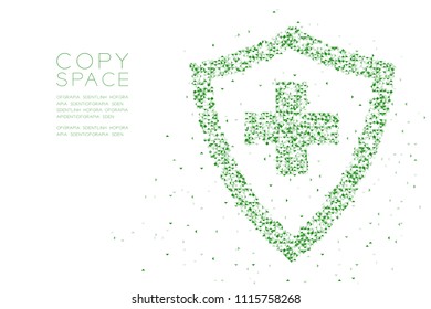 Abstract Geometric Low polygon square box pixel and Triangle pattern Medical shield with cross sign shape, protection concept design green color illustration on white background with copy space