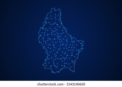 Abstract geometric of Luxembourg map polygonal line, structure and point scales on blue dark background with lights and dots. Vector illustration eps 10.