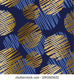 Abstract geometric luxury seamless pattern with round bouble elements. Geometry vector repeatable motif for fabric, background, wrapping paper. gold and blue backdrop.
