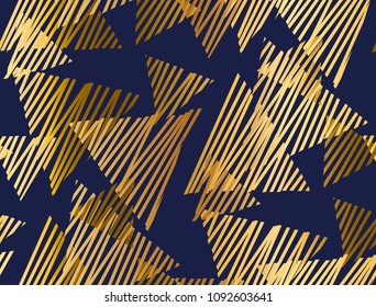 Abstract geometric luxury seamless pattern with triangle elements. Geometry vector repeatable motif for fabric, background, wrapping paper. gold and blue backdrop.
