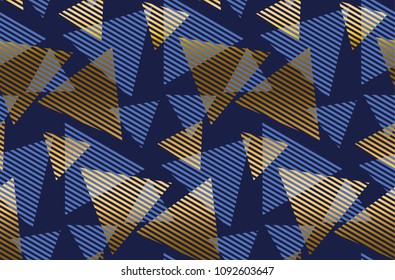 Abstract geometric luxury seamless pattern with triangle elements. Geometry vector repeatable motif for fabric, background, wrapping paper. gold and blue backdrop.
