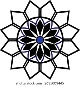 Abstract Geometric Mandala Design with Black and Blue Accents on White