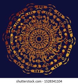 Abstract Geometric Mandala design in blue, orange, black, yellow colors for festival decoration on dark background 
