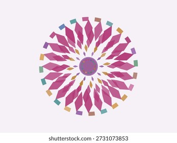 Abstract geometric mandala design featuring vibrant petals in pink, purple, and gold, radiating symmetry and modern minimalist style