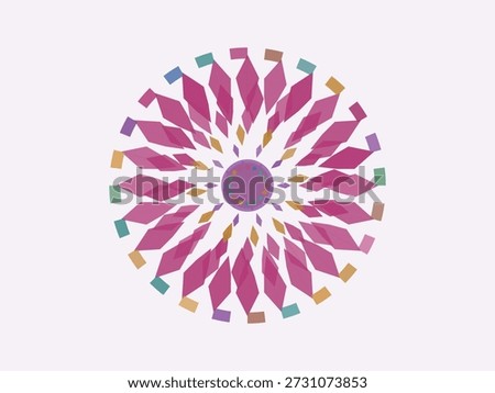 Abstract geometric mandala design featuring vibrant petals in pink, purple, and gold, radiating symmetry and modern minimalist style
