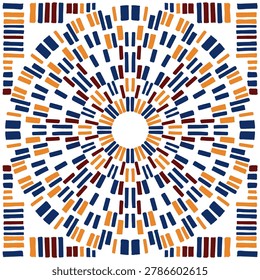 Abstract geometric mandala with hand-drawn dashed lines. Colorful ethnic circular ornament isolated on white background.