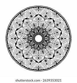 Abstract geometric mandala illustration, harmonious circular pattern, detailed spiritual artwork.