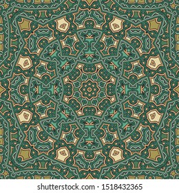 Abstract geometric mandala pattern in green and yellow. Print, cloth design, wallpaper. Vector seamless. Scarf design. Doodle collection