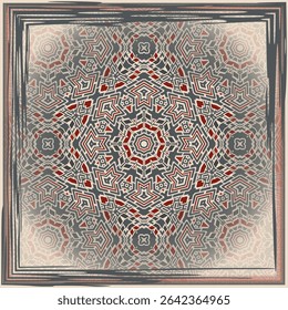 Abstract geometric mandala pattern in white red gray black. Textile printing, interior design,  wallpaper. Scarf design. Frame.
