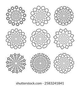 Abstract Geometric Mandala Patterns Set Vector Illustration. Each mandala is composed of shapes arranged in a radial pattern, including stars, circles, hexagons, ovals, squares, hearts, and crosses.