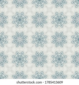  Abstract geometric mandala seamless pattern in gray and blue. Textile printing, interior design,  wallpaper