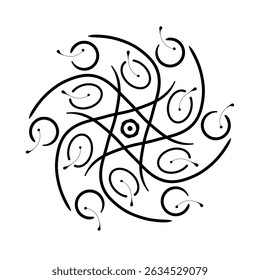 Abstract Geometric Mandala with Swirl and Dot Patterns in Black Line Art