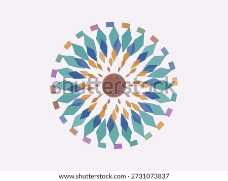 Abstract geometric mandala with vibrant teal, mustard, and purple hues, symmetrical design, modern flat style for decorative or meditative use