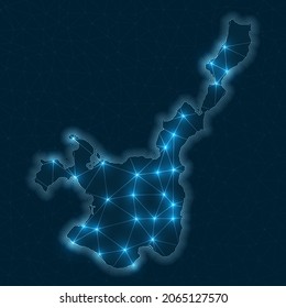 Abstract geometric map of Ishigaki island with digital connections and telecommunication design. Glowing internet network in a stylish vector illustration.