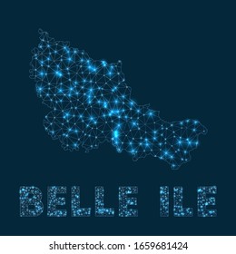 Mapa de la red Belle Ile. Mapa geométrico abstracto de la isla. Conexión a Internet y diseño de telecomunicaciones. Ilustración vectorial limpia.