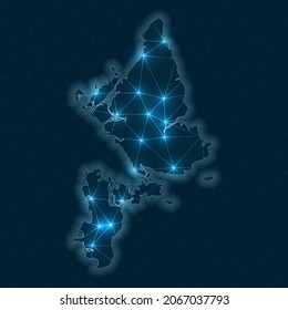 Abstract geometric map of the island. Digital connections and telecommunication design. Glowing internet network. Artistic vector illustration.