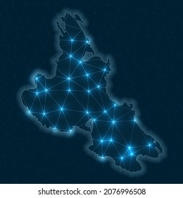 Abstract geometric map of the island Krk. Digital connections and telecommunication design. Glowing internet network. Powerful vector illustration.