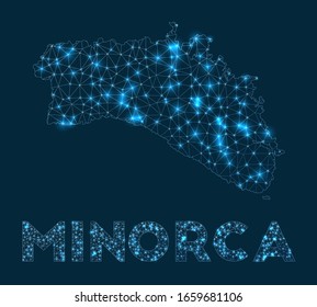 Mapa de red de Menorca. Mapa geométrico abstracto de la isla. Conexión a Internet y diseño de telecomunicaciones. Ilustración vectorial moderna.