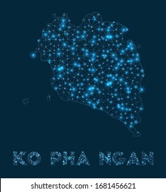 Mapa de la red de Ko Pha Ngan. Mapa geométrico abstracto de la isla. Conexión a Internet y diseño de telecomunicaciones. Auténtica ilustración vectorial.