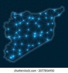Netzwerkkarte für Syrien. Abstrakte geometrische Karte des Landes. Digitale Verbindungen und Telekommunikationsdesign. Glühendes Internet-Netzwerk. Erstaunliche Vektorgrafik.