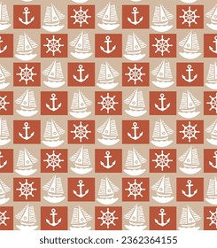 Abstract Geometric Marine Pattern Boats Anchors Ship Rudders Small Icons Colorful Trendy Vector Design Seamless Texture Brown Tones