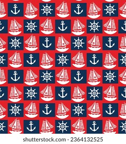 Abstract Geometric Marine Pattern Boats Anchors Ship Rudders Small Icons Colorful Trendy Vector Design Seamless Texture Red Navy Blue Tones