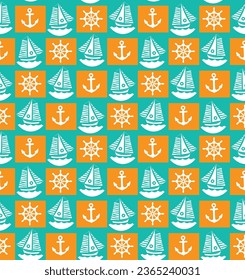 Abstract Geometric Marine Pattern Boats Anchors Ship Rudders Small Icons Colorful Trendy Vector Design Seamless  Turquoise Blue Orange Tones