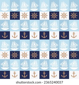 Abstract Geometric Marine Pattern Boats Anchors Ship Rudders Small Icons Colorful Trendy Vector Design Seamless Texture Pastel Blue Tones