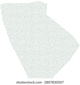 Abstract geometric maze with map-like form; complex puzzle pattern with many turns, dead ends, problem-solving challenge, intricate design element.