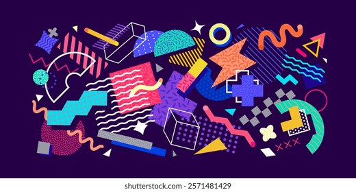 Abstract geometric memphis banner with modern graphic pattern. Vector circle, square and triangle geometric shapes with color line, dot and checkered pattern, crosses, waves and zigzag memphis banner