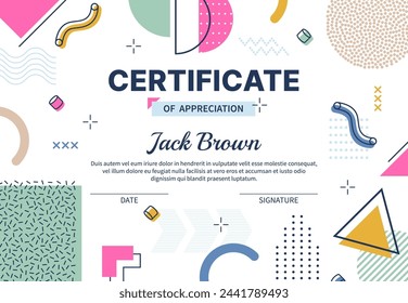 Abstract geometric Memphis certificate of appreciation template, modern background. Vector vibrant diploma, featuring bold, shapes, playful patterns, and bright colors, exuding energy and creativity