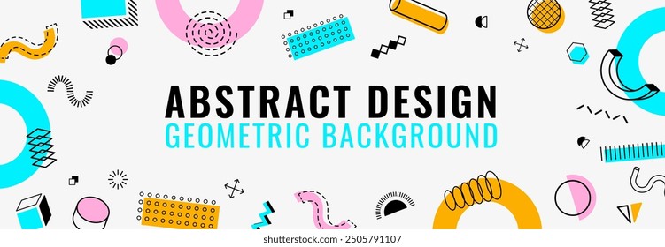 Abstract geometric Memphis modern banner. Vector background template with retro minimal geometry shapes, patterns, forms and lines in vibrant colors for exhibit art, magazine, journal, album covers