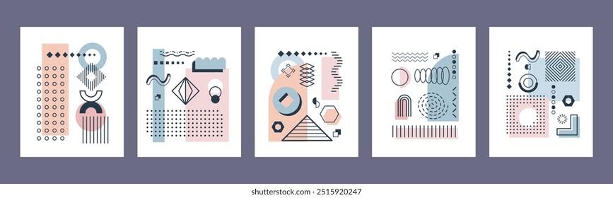 Cartazes geométricos abstratos de Memphis com formas gráficas e elementos. Vetor cartões modernos ou modelos de cobertura com cores macias, pastel e padrões mínimos no estilo dos anos 80, exalam a estética eclética na moda