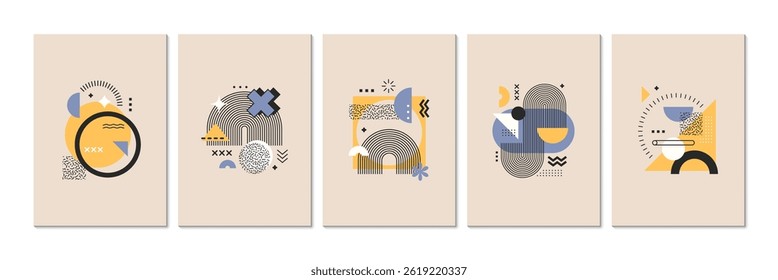 Abstract geometric Memphis posters with graphic shapes and elements. Vector cards, flyers or cover templates with beige, yellow, black , blue colors and patterns in trendy retro modern y2k style