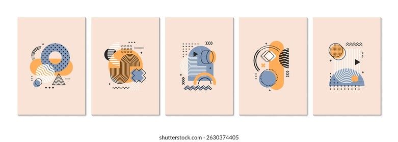 Abstract geometric Memphis posters with graphic shapes and elements. Vector modern cards or cover templates with soft, pastel colors and minimal patterns in 80s style, exude trendy eclectic aesthetic