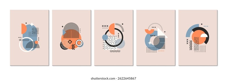 Cartazes de mênfis geométricos abstratos com padrão moderno de elementos gráficos vetoriais e formas. Mênfis abstratos de arte mínima da moda com círculos de cores, quadrados, triângulos, arcos e ondas