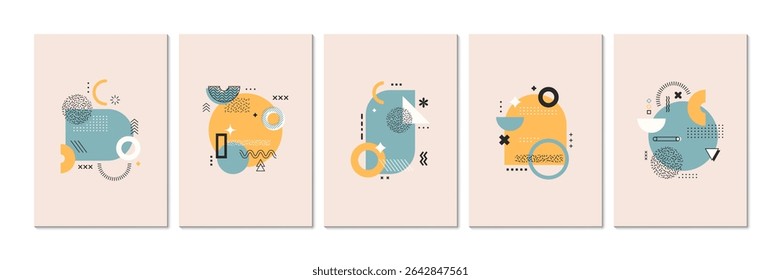 Cartazes geométricos abstratos de Memphis com formas modernas e elementos de cores da moda, fundos vetoriais. Layouts de cartazes de Memphis com formas geométricas, elementos de linha isométricos e design retrô mínimo