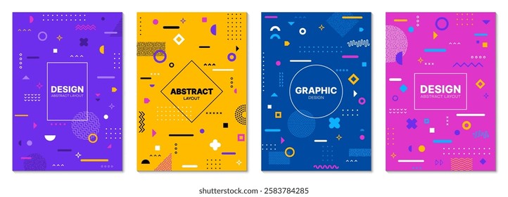 Abstract geometric memphis posters. Vector backgrounds with modern graphic pattern of line art abstract geometric shapes, color waves, dots and zigzags. Trendy minimal posters set in memphis style