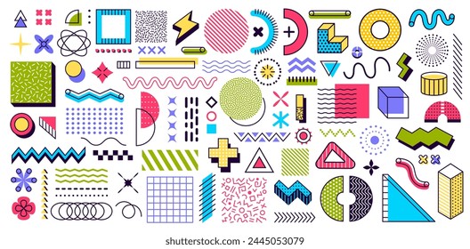 Abstract geometric Memphis shapes and elements. 80s or 90s hipster style pattern with colorful modern figures. Vector background with surreal linear details, dots, triangles and waves, trendy ornament