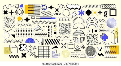 Abstract geometric memphis shapes. Vector set of vibrant and dynamic figures and patterns, featuring bold colors and intersecting lines that evoke a sense of modern and retro design fusion elements