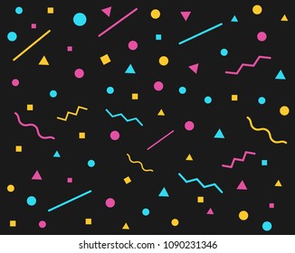 Abstract geometric memphis style background with different geometric shapes ( triangles, circles, lines ) and neon colours