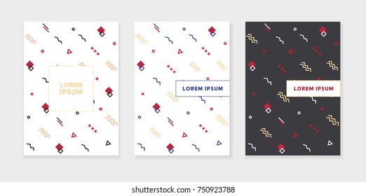 Abstract geometric Memphis style retro background vector set. Multicolored simple geometric shapes and  frame with place for text