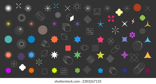 Abstract geometric memphis style shape set. Bauhaus brutalism minimalist element collection. Modern trendy y2k forms. Retro constructivism funky graphic symbols. Colorful vintage simple figures design
