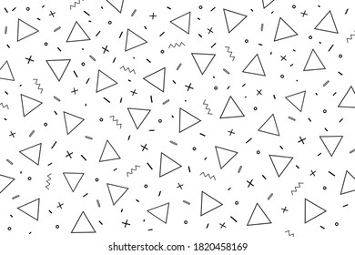 Abstract geometric memphis style vector, simple shapes pattern with triangles in black and white color. Monochrome seamless mosaic ornamental vector designs, minimalist pattern print