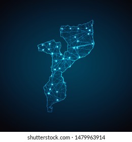 Abstract geometric mesh polygonal light Mozambique map. Business wireframe mesh spheres from flying debris. Blue structure style vector illustration concept.