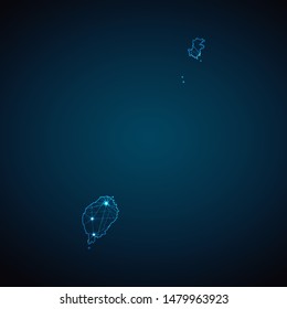 Abstract geometric mesh polygonal light Sao Tome and Principe map. Business wireframe mesh spheres from flying debris. Blue structure style vector illustration concept.