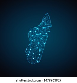 Abstract geometric mesh polygonal light Madagascar map. Business wireframe mesh spheres from flying debris. Blue structure style vector illustration concept.