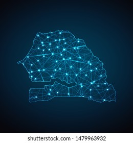 Abstract geometric mesh polygonal light Senegal map. Business wireframe mesh spheres from flying debris. Blue structure style vector illustration concept.